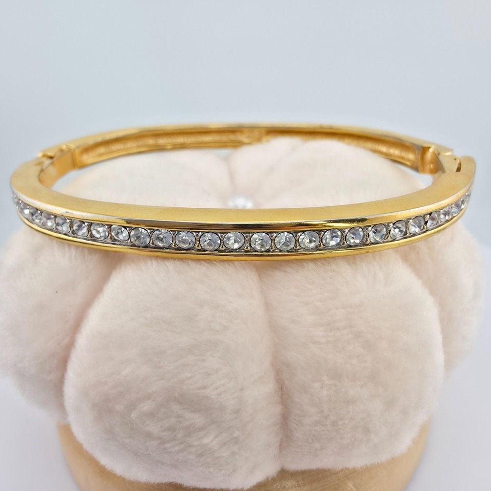 SWAROVSKI Bracelet Bangle Channel Set Crystals Hinged Clamper Gold Plate 6.75"
